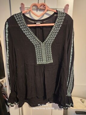 VENUS Black Peasant Tunic with Light Blue Embroidery